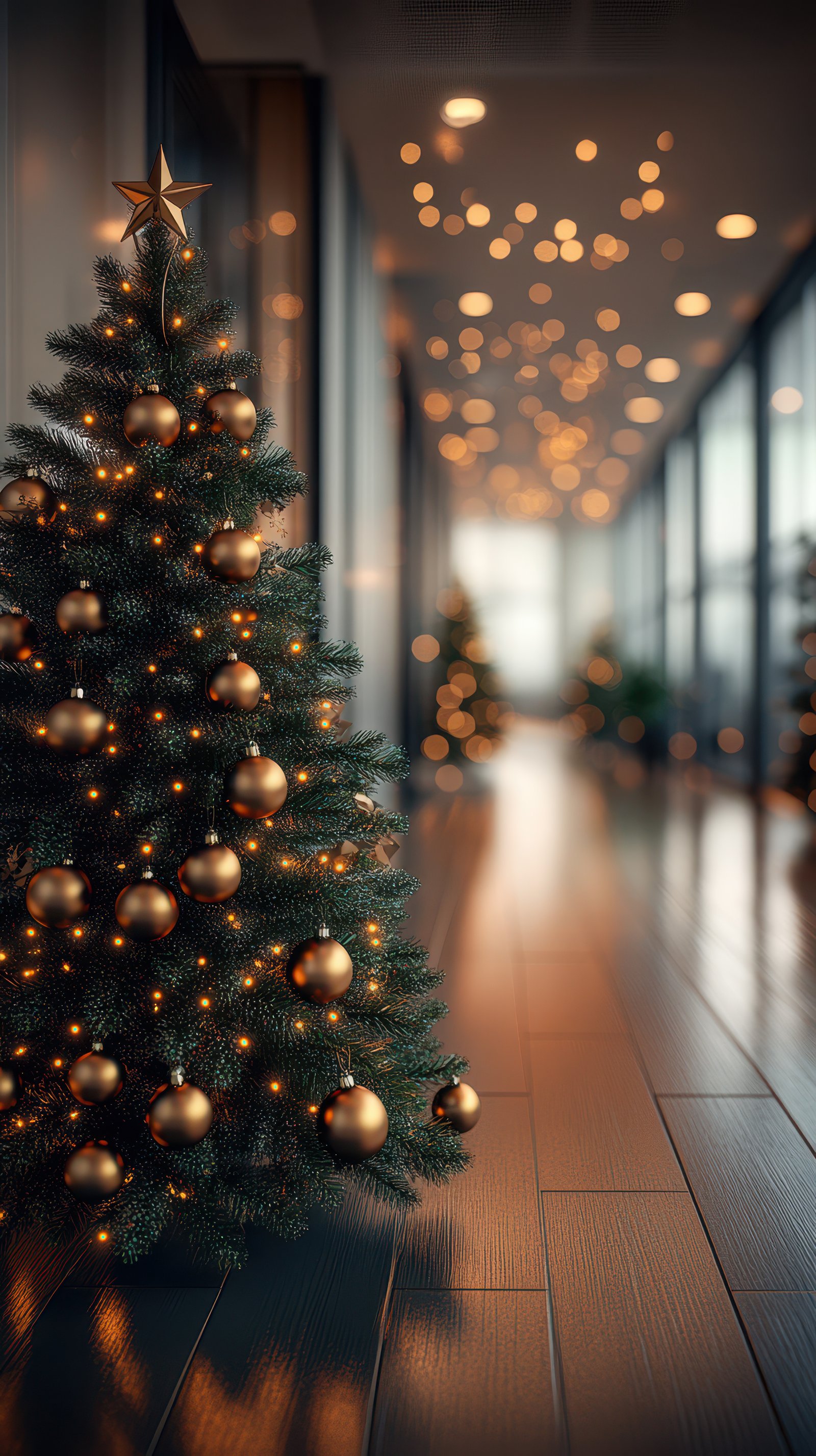 Beautifully decorated Christmas tree with golden ornaments in a modern hallway illuminated by soft lights